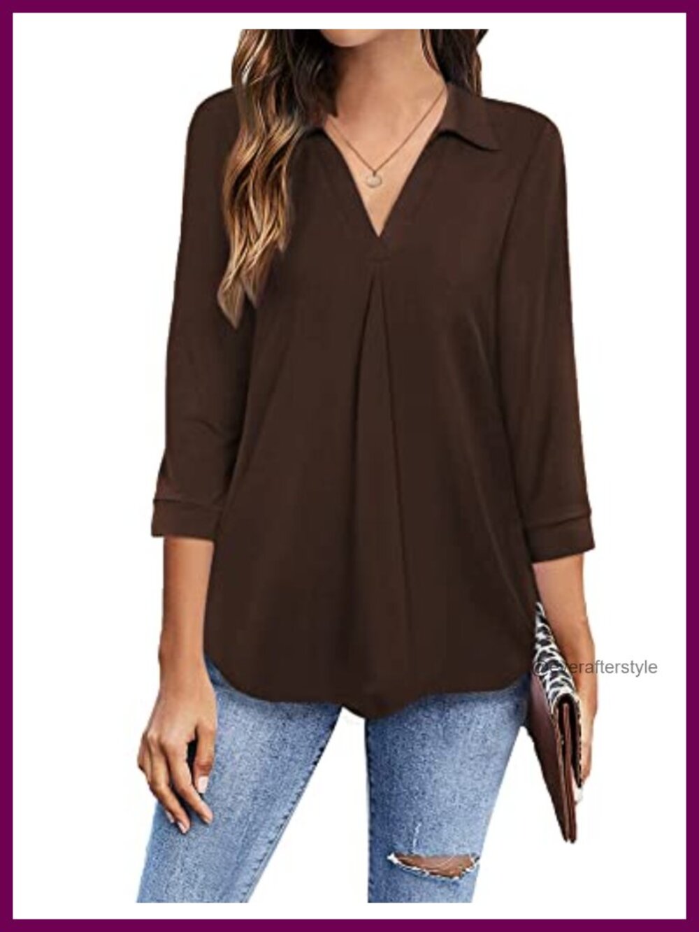 Womens 3/4 Sleeve V-Neck Pleated Business Casual Blouse